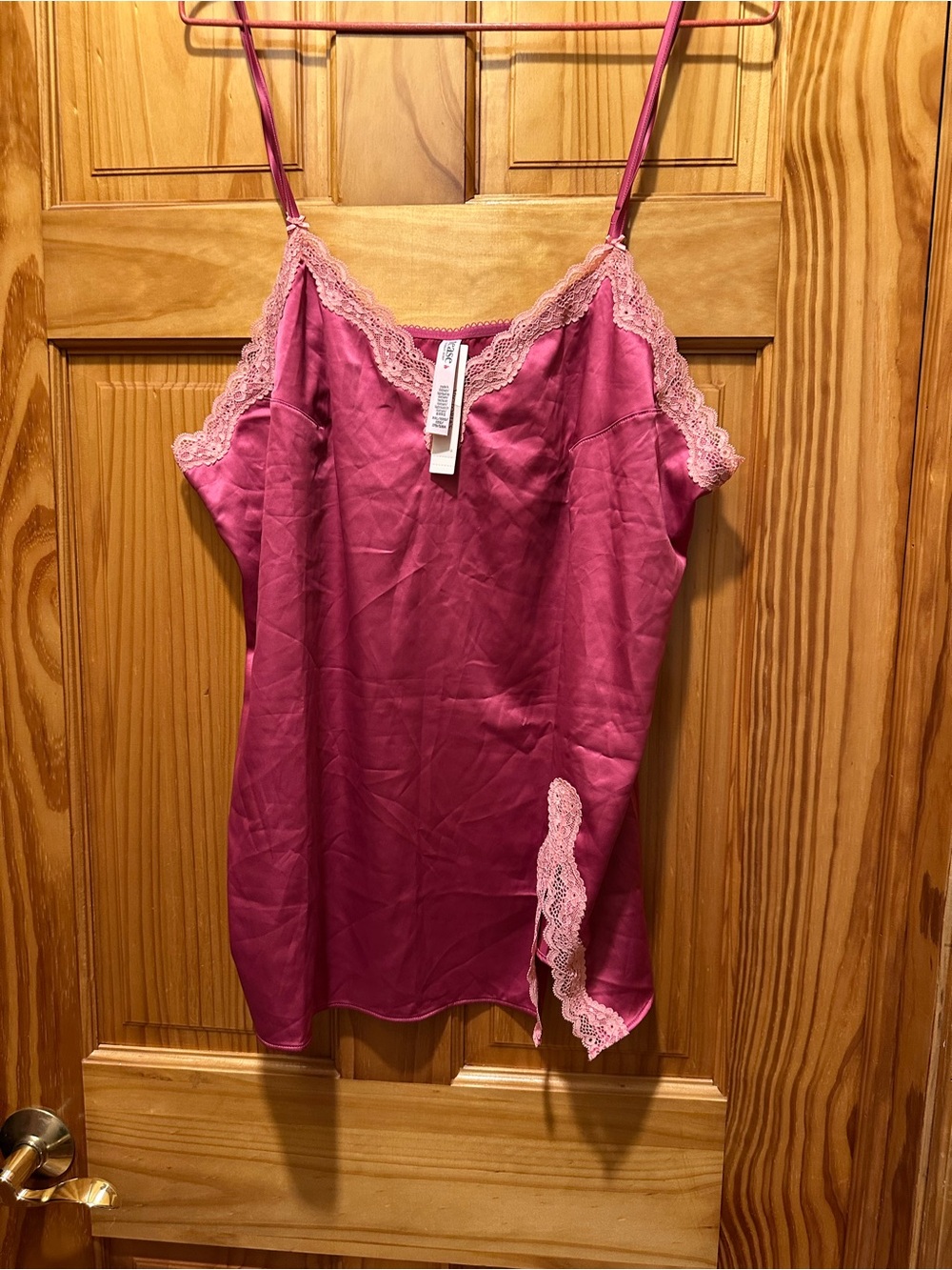 Victoria's Secret Fuchsia Satin Slip with Pink Lace Trim